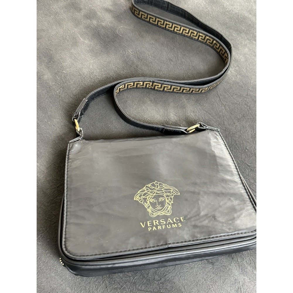 Versace Parfums Vintage Black Crossbody Messenger Bag Gold Medusa Logo Greek Key - Picture 16 of 16